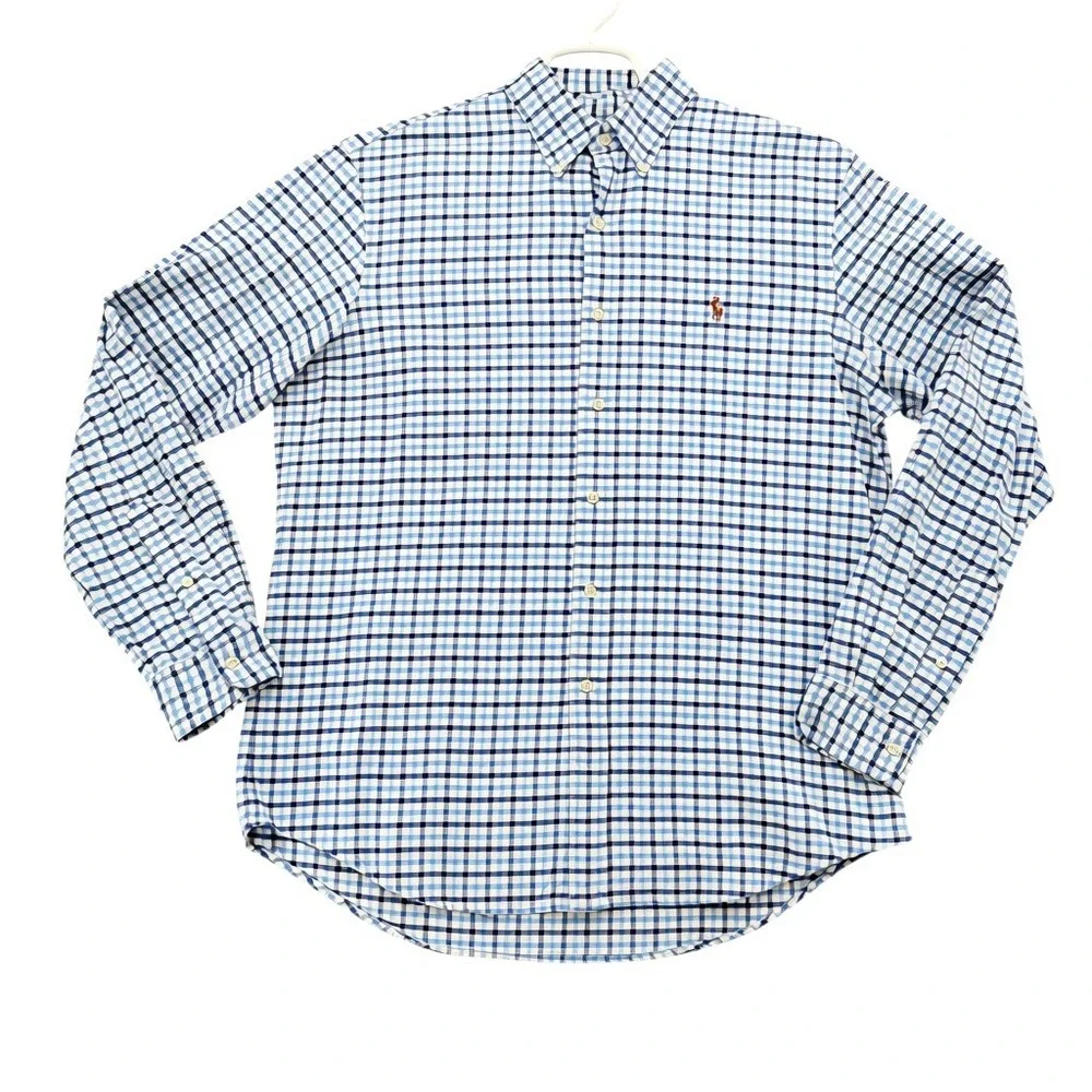 Polo Ralph Lauren Mens Blue Gingham Check Cotton Button Down Shirt Large L